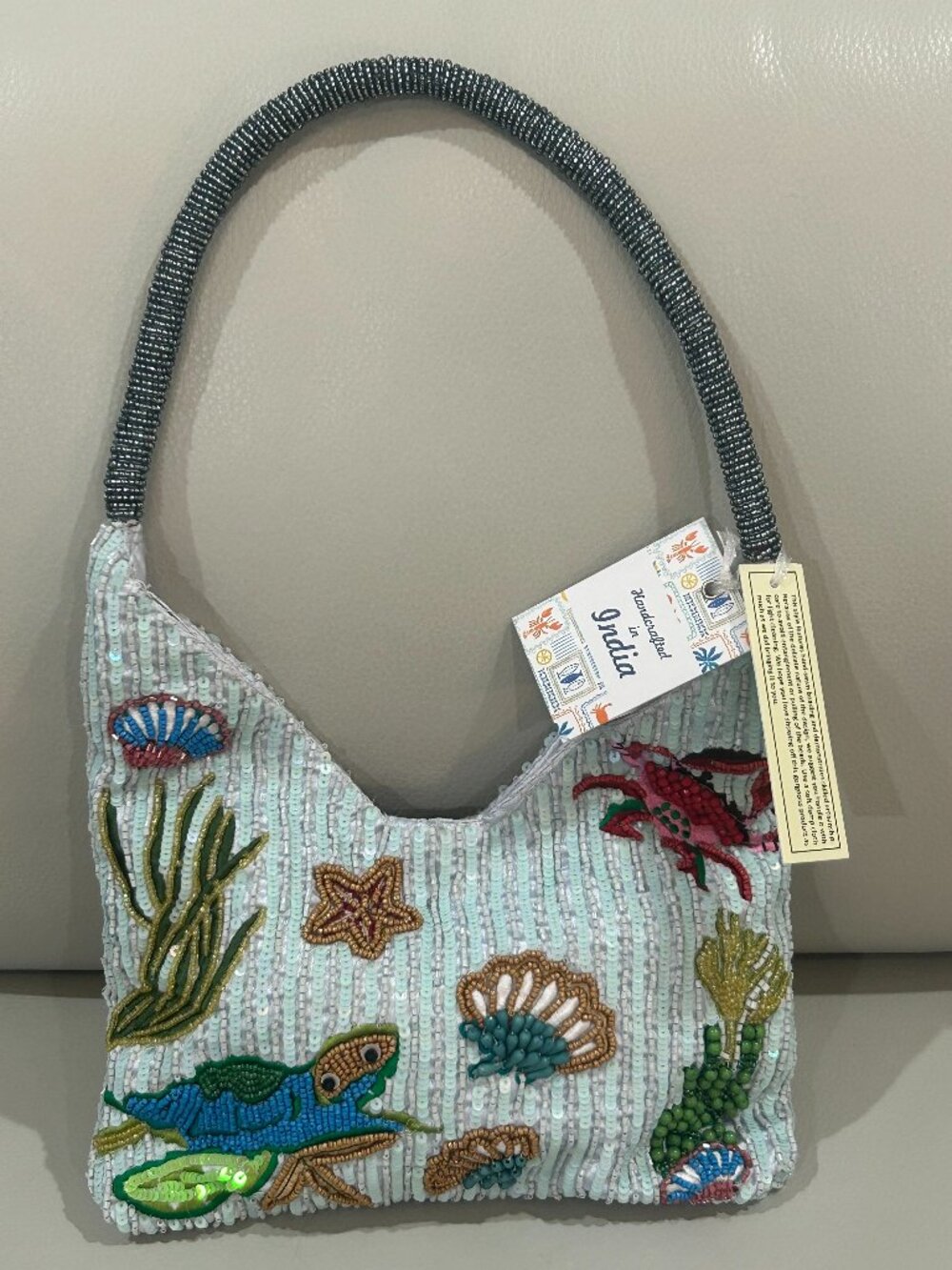 Sea Creatures Beaded Sequin Bag MAde in India Turtle Crab Seahorse Starfish NWT